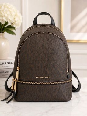 Michael Kors Brown MK Signature Backpack Gold Hardware Travel Bag